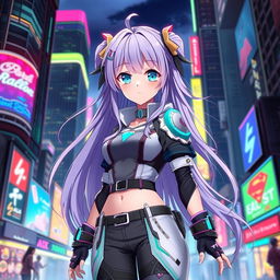 A beautifully designed anime girl with long, flowing lavender hair and sparkling blue eyes, wearing a fashionable, futuristic outfit that blends elements of cyberpunk and fantasy
