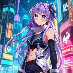 A beautifully designed anime girl with long, flowing lavender hair and sparkling blue eyes, wearing a fashionable, futuristic outfit that blends elements of cyberpunk and fantasy