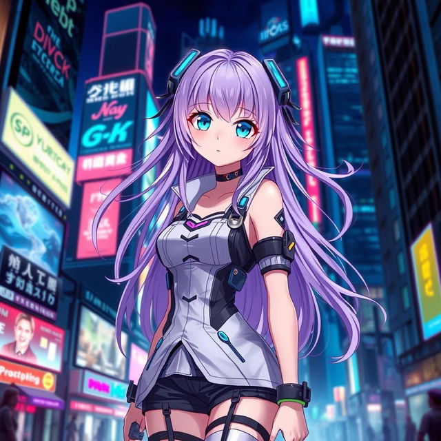 A beautifully designed anime girl with long, flowing lavender hair and sparkling blue eyes, wearing a fashionable, futuristic outfit that blends elements of cyberpunk and fantasy