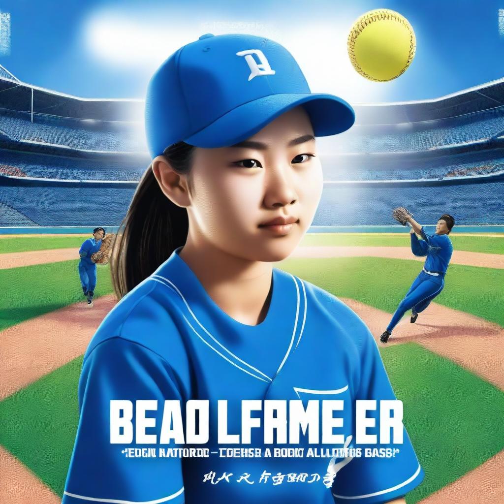 An expertly crafted digital art book cover featuring a Chinese softball player in a vibrant blue uniform with 'Blue Devils' written on it