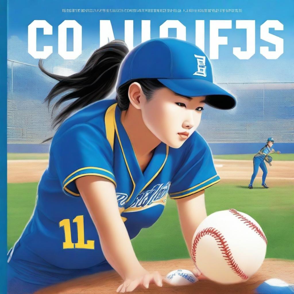 An expertly crafted digital art book cover featuring a Chinese softball player in a vibrant blue uniform with 'Blue Devils' written on it