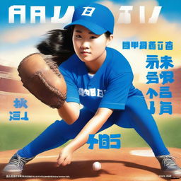 An expertly crafted digital art book cover featuring a Chinese softball player in a vibrant blue uniform with 'Blue Devils' written on it