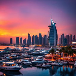 A stunning view of Dubai's skyline at sunset, featuring iconic landmarks such as the Burj Khalifa and the Burj Al Arab, illuminated beautifully against a vivid orange and purple sky