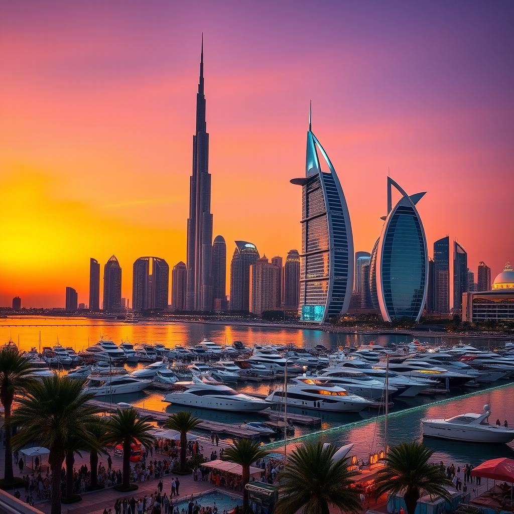 A stunning view of Dubai's skyline at sunset, featuring iconic landmarks such as the Burj Khalifa and the Burj Al Arab, illuminated beautifully against a vivid orange and purple sky