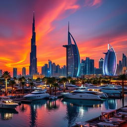 A stunning view of Dubai's skyline at sunset, featuring iconic landmarks such as the Burj Khalifa and the Burj Al Arab, illuminated beautifully against a vivid orange and purple sky