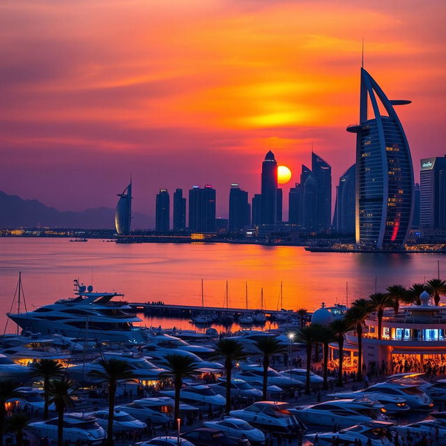 A stunning view of Dubai's skyline at sunset, featuring iconic landmarks such as the Burj Khalifa and the Burj Al Arab, illuminated beautifully against a vivid orange and purple sky