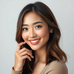 A beautiful 27-year-old Asian woman with an elongated face and a charming smile, sporting semi-wavy brown hair that reaches no more than 4 inches below her shoulders