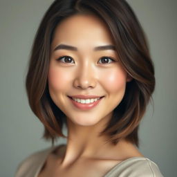 A beautiful 27-year-old Asian woman with an elongated face and a charming smile, sporting semi-wavy brown hair that reaches no more than 4 inches below her shoulders