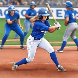 This is a digital art book cover of the highest quality, featuring a softball player in a blue uniform with 'Blue Devils' written across it