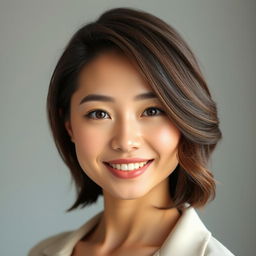 A beautiful 27-year-old Asian woman with an elongated face and a charming smile, sporting semi-wavy brown hair that reaches no more than 4 inches below her shoulders