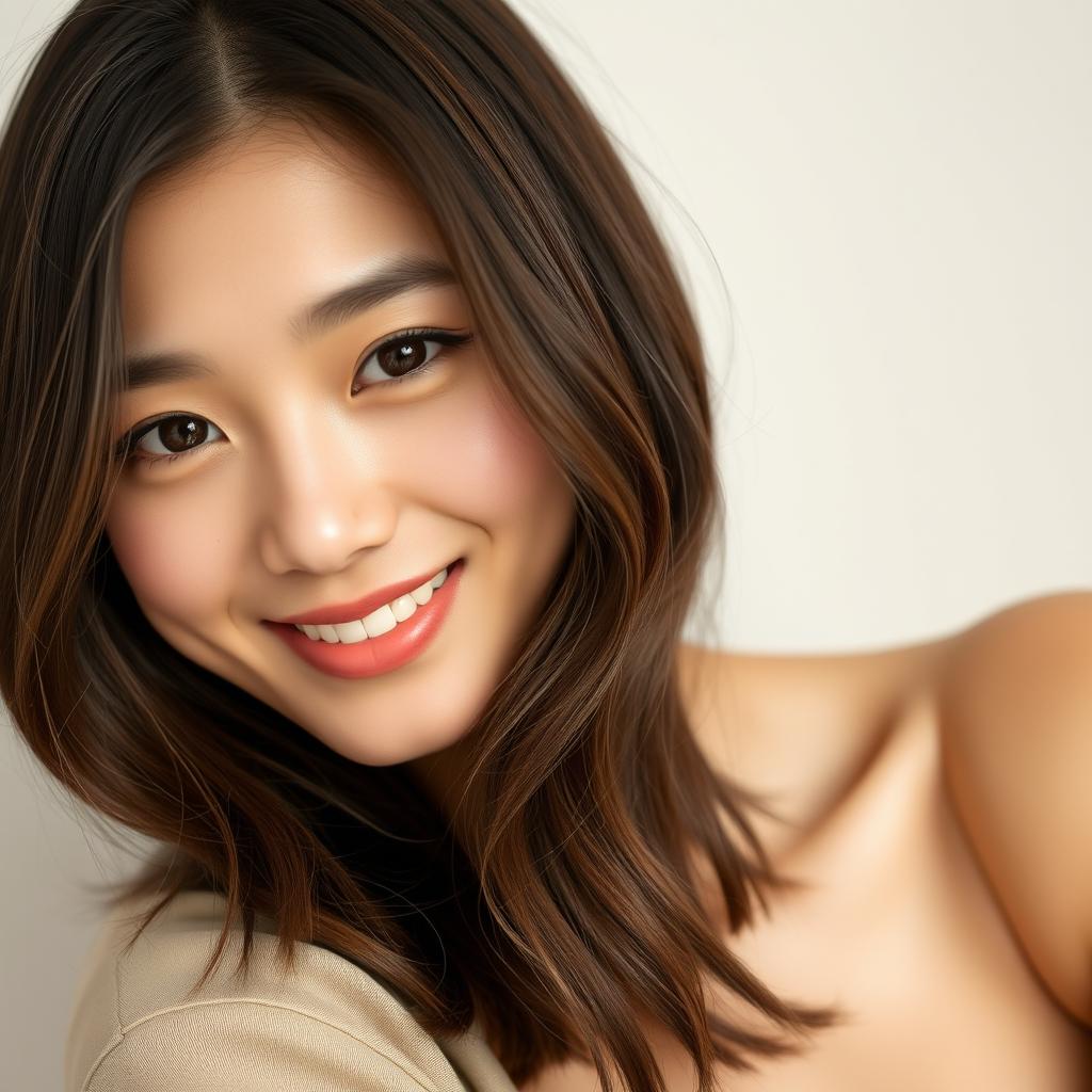 A beautiful 27-year-old Asian woman with an elongated face and a charming smile, sporting semi-wavy brown hair that reaches no more than 4 inches below her shoulders