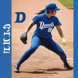 This is a digital art book cover of the highest quality, featuring a softball player in a blue uniform with 'Blue Devils' written across it