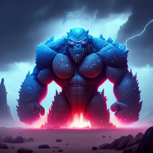 An imposing, large blue stone golem with glowing red eyes, sharp, jagged features, standing amidst a lightning storm in a desolate landscape.