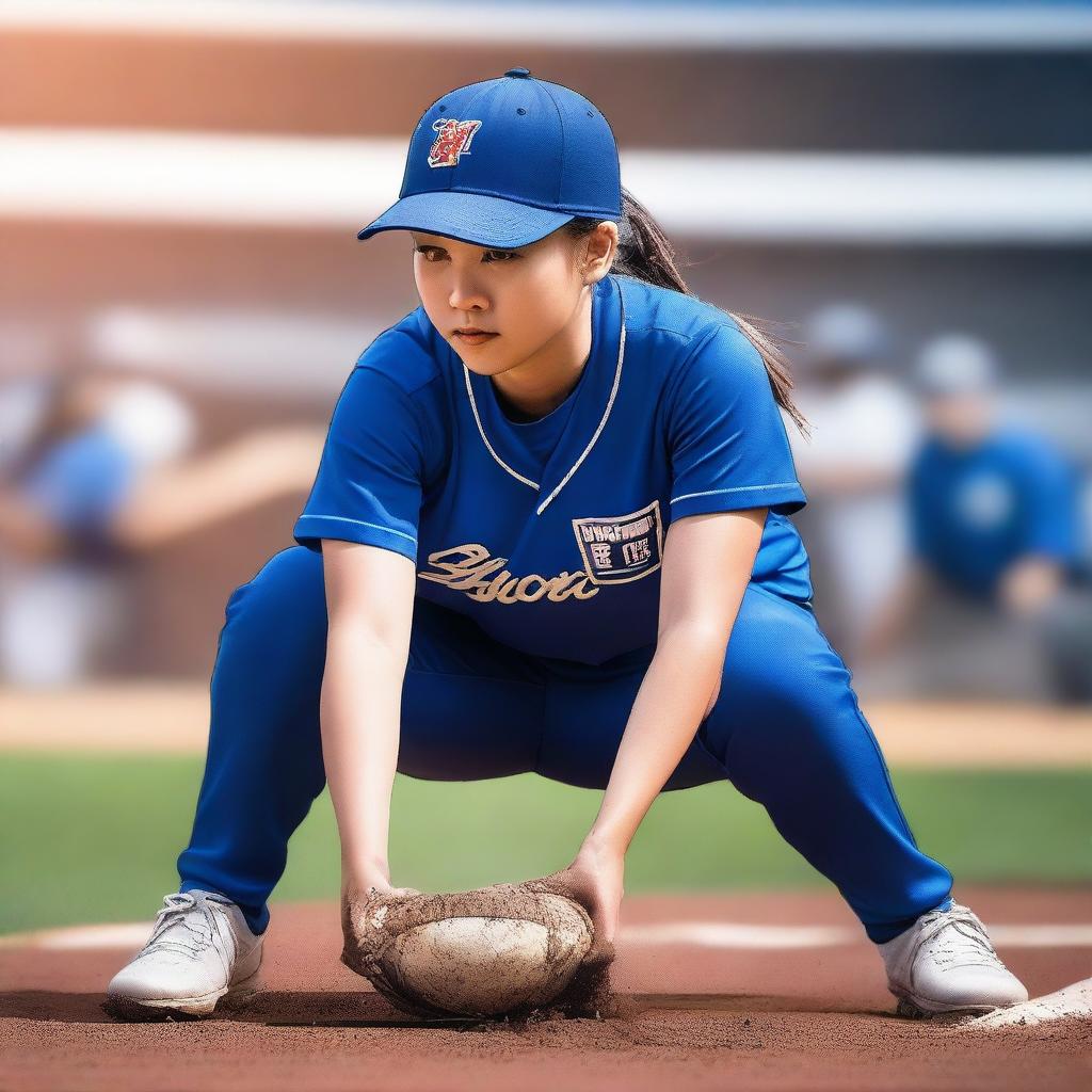 A premium digital art book cover featuring a Chinese softball player dressed in a rich blue uniform