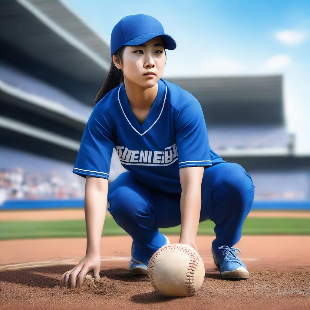 A premium digital art book cover featuring a Chinese softball player dressed in a rich blue uniform