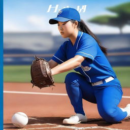 A premium digital art book cover featuring a Chinese softball player dressed in a rich blue uniform