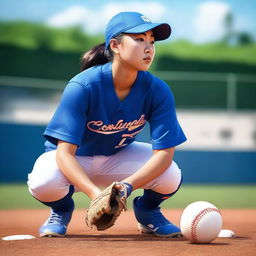 A premium digital art book cover featuring a Chinese softball player dressed in a rich blue uniform