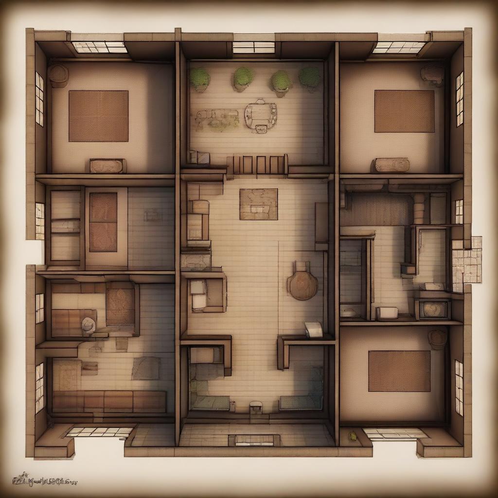 A highly detailed, top-down view of a grand mansion layout, intricately designed in the style of a Dungeons and Dragons map