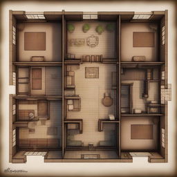 A highly detailed, top-down view of a grand mansion layout, intricately designed in the style of a Dungeons and Dragons map