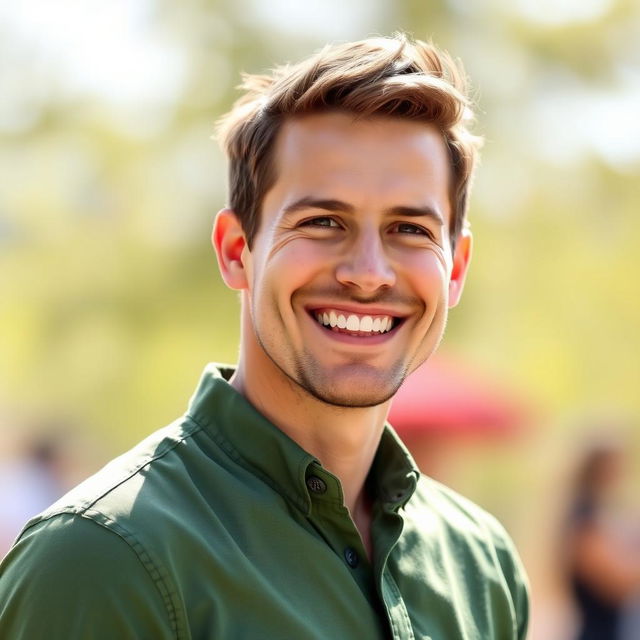 A realistic portrait of a happy man wearing a green shirt and black pants, with a bright smile