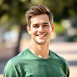 A realistic portrait of a happy man wearing a green shirt and black pants, with a bright smile