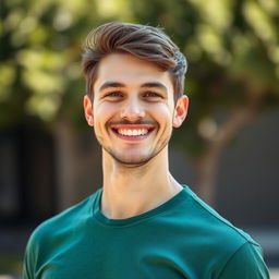 A realistic portrait of a happy man wearing a green shirt and black pants, with a bright smile