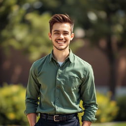 A realistic portrait of a happy man wearing a green shirt and black pants, with a bright smile