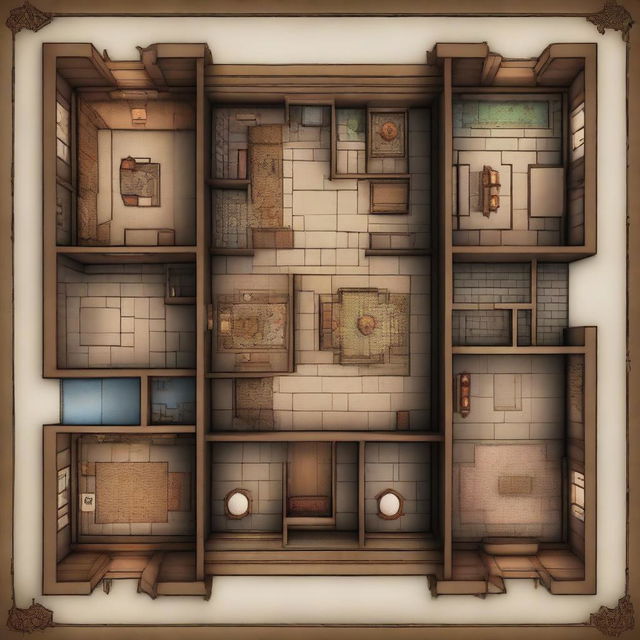 A highly detailed, top-down view of a grand mansion layout, intricately designed in the style of a Dungeons and Dragons map