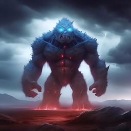 An imposing, large blue stone golem with glowing red eyes, sharp, jagged features, standing amidst a lightning storm in a desolate landscape.