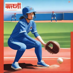 A striking digital art book cover, featuring a Chinese softball player in a vivid blue uniform