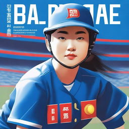 A striking digital art book cover, featuring a Chinese softball player in a vivid blue uniform