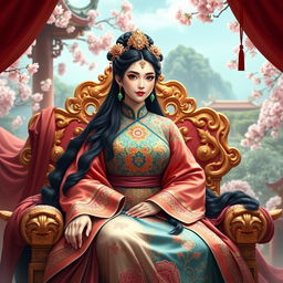 A majestic portrayal of Wu Zetian, the only female emperor in Chinese history, dressed in traditional Tang Dynasty attire with intricate embroidery and vibrant colors