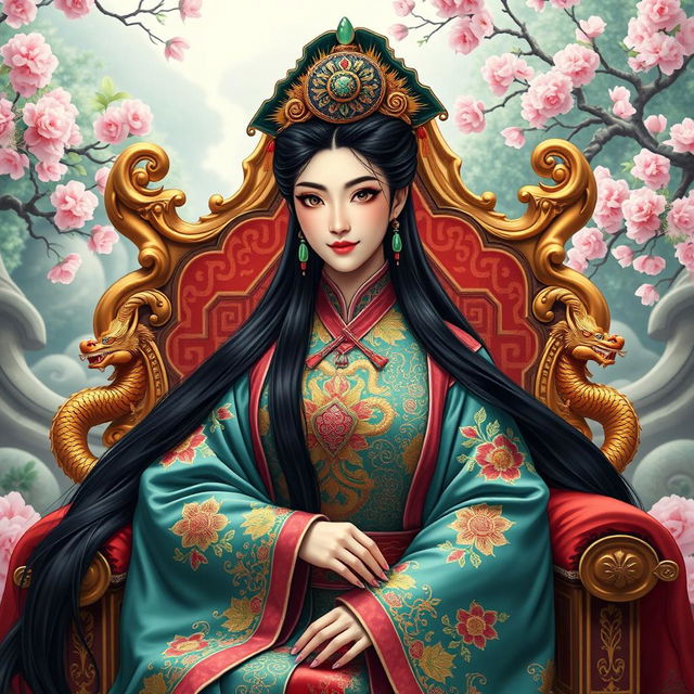 A majestic portrayal of Wu Zetian, the only female emperor in Chinese history, dressed in traditional Tang Dynasty attire with intricate embroidery and vibrant colors