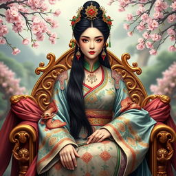 A majestic portrayal of Wu Zetian, the only female emperor in Chinese history, dressed in traditional Tang Dynasty attire with intricate embroidery and vibrant colors