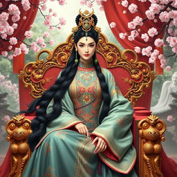 A majestic portrayal of Wu Zetian, the only female emperor in Chinese history, dressed in traditional Tang Dynasty attire with intricate embroidery and vibrant colors