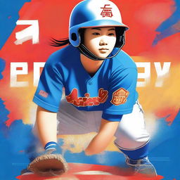 A striking digital art book cover, featuring a Chinese softball player in a vivid blue uniform