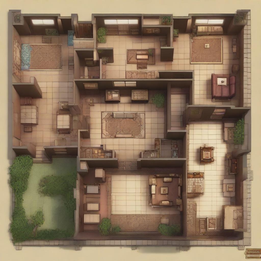 This image is a high-quality digital art representation of a grand mansion layout, inspired by the Clue board game, and designed in the style of a Dungeons and Dragons map