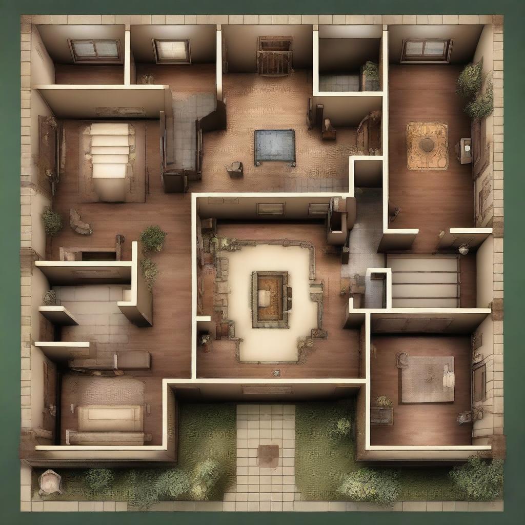 This image is a high-quality digital art representation of a grand mansion layout, inspired by the Clue board game, and designed in the style of a Dungeons and Dragons map