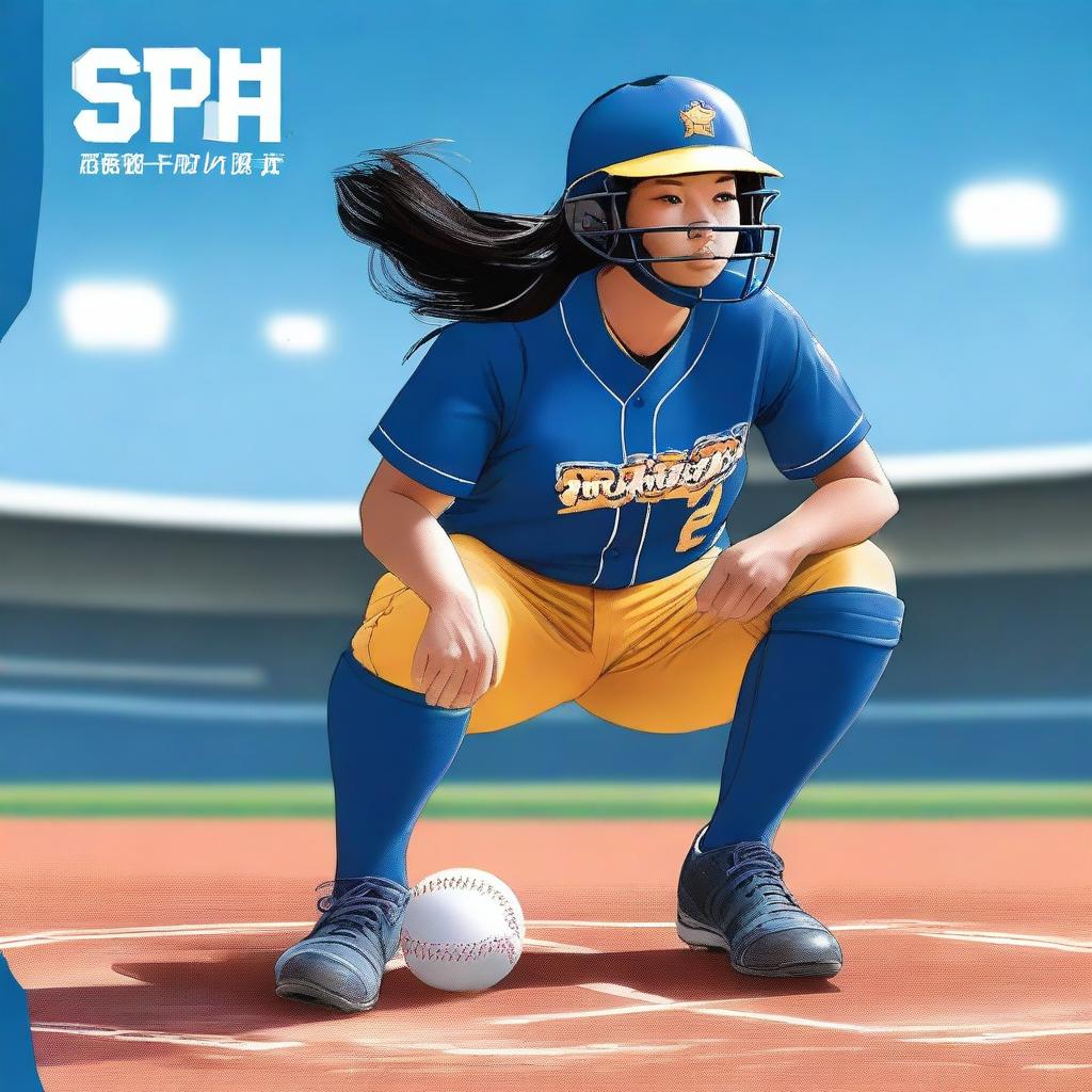 A high-quality digital art book cover featuring a Chinese softball player in a striking blue uniform