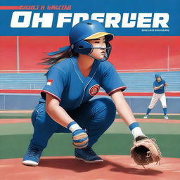 A high-quality digital art book cover featuring a Chinese softball player in a striking blue uniform