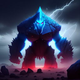 An imposing, large blue stone golem with glowing red eyes, sharp, jagged features, standing amidst a lightning storm in a desolate landscape.