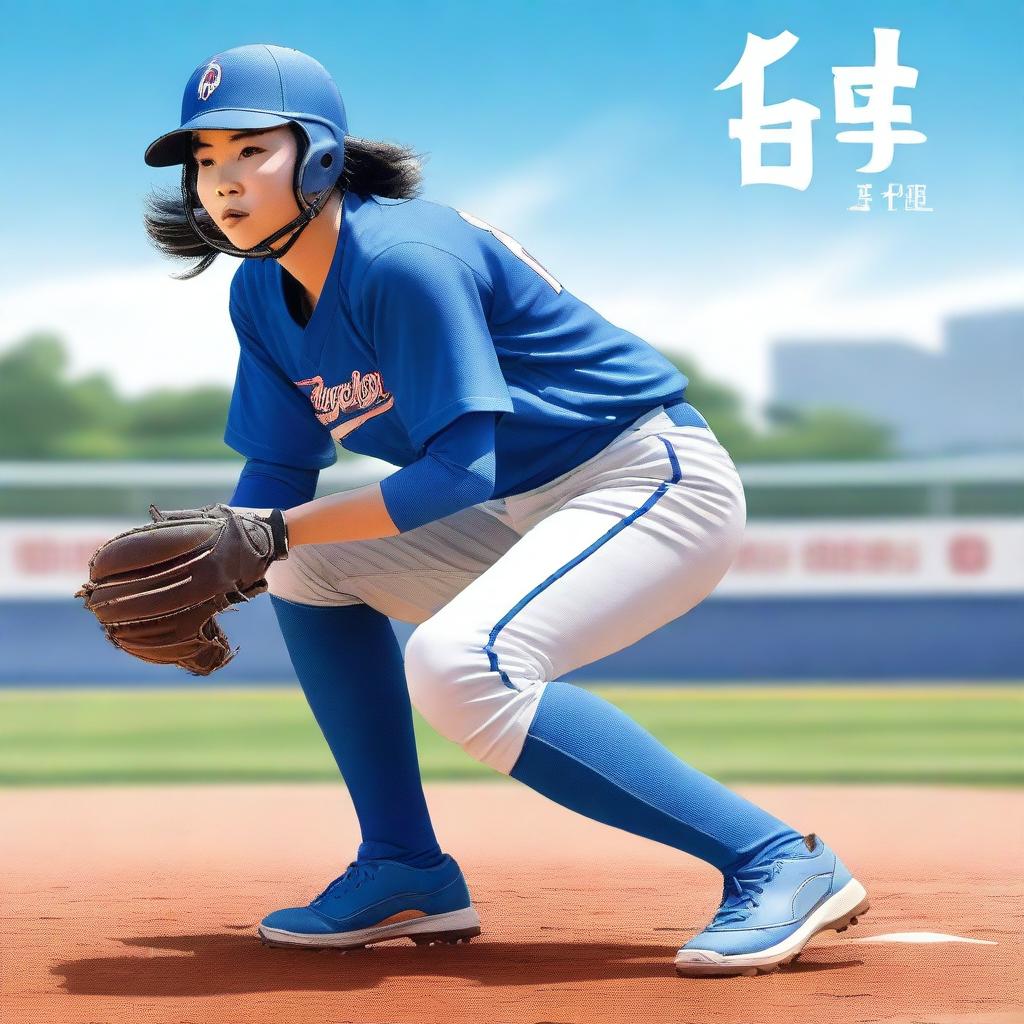 A high-quality digital art book cover featuring a Chinese softball player in a striking blue uniform