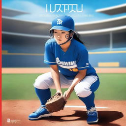 A high-quality digital art book cover featuring a Chinese softball player in a striking blue uniform