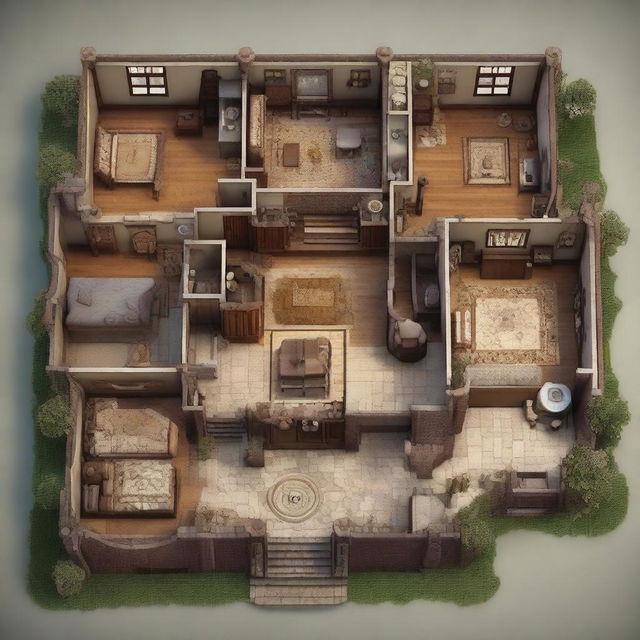 A stunningly realistic digital art piece that presents a two-level grand mansion layout, designed in the style of a Dungeons and Dragons map