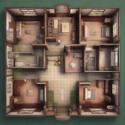 A stunningly realistic digital art piece that presents a two-level grand mansion layout, designed in the style of a Dungeons and Dragons map