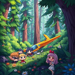 An illustration featuring a small plane crash in a dense forest, showcasing a vibrant Gacha Life 2 style