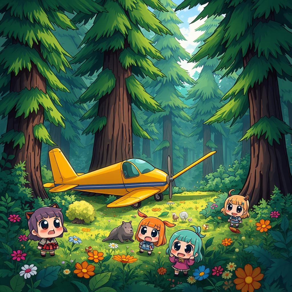 An illustration featuring a small plane crash in a dense forest, showcasing a vibrant Gacha Life 2 style
