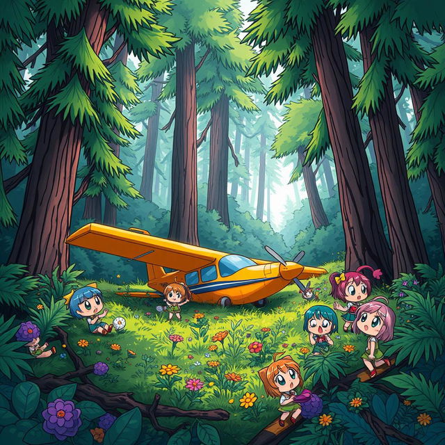 An illustration featuring a small plane crash in a dense forest, showcasing a vibrant Gacha Life 2 style