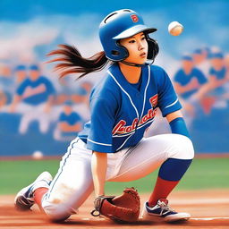 A masterfully created digital art book cover featuring a Chinese softball player in a vibrant blue uniform