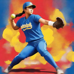 A masterfully created digital art book cover featuring a Chinese softball player in a vibrant blue uniform